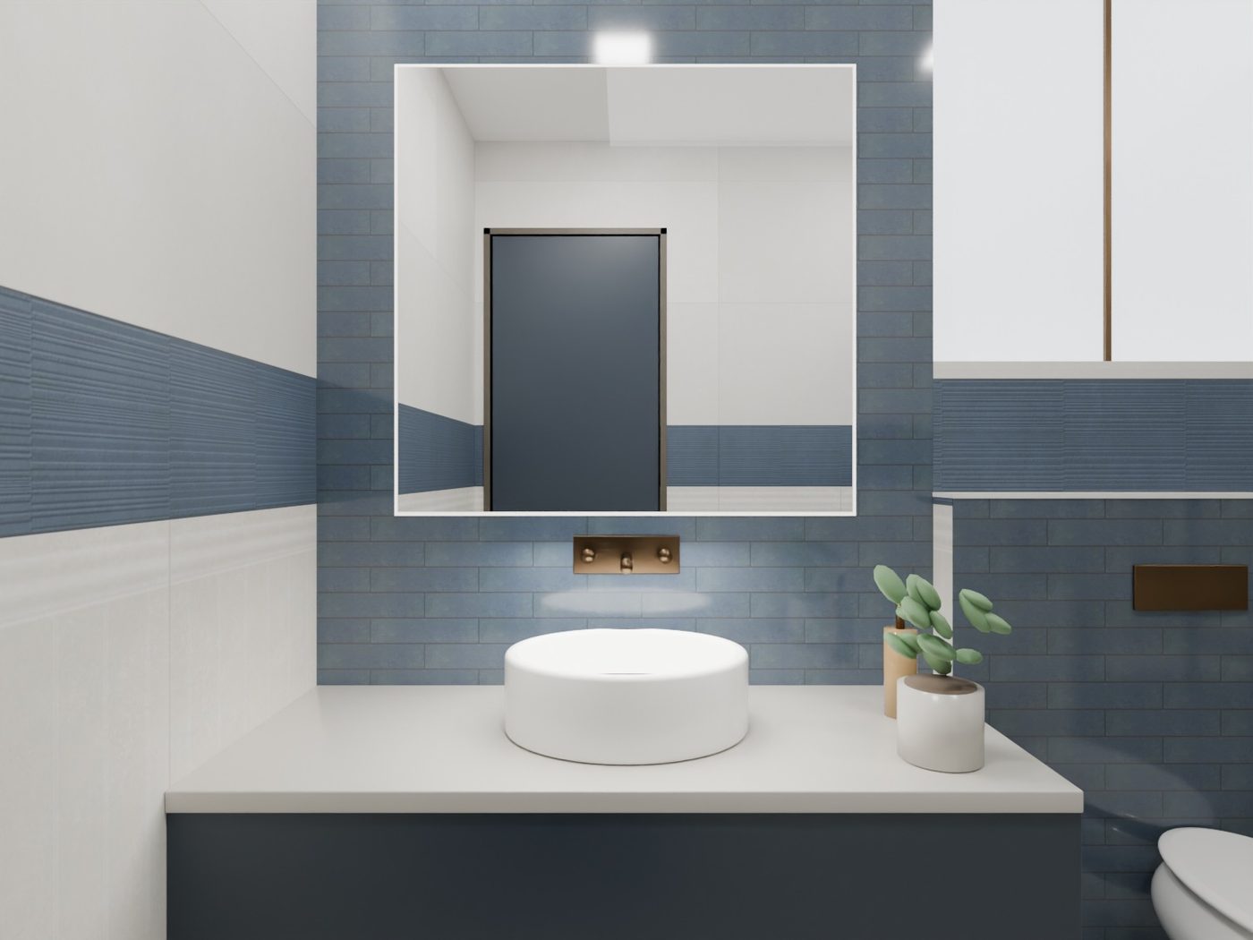 Basin Wall in Aqua — 3D washroom visualisation using actual IDC tiles, ribbed blue wall tile with bronze fittings