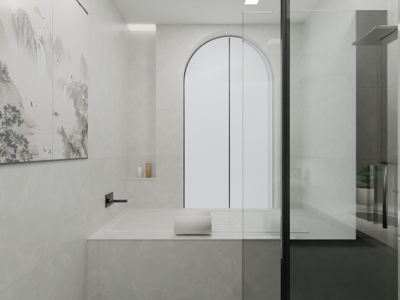 Bath & Shower Recess — 3D washroom visualisation using actual IDC tiles, large-format stone look with a patterned feature wall