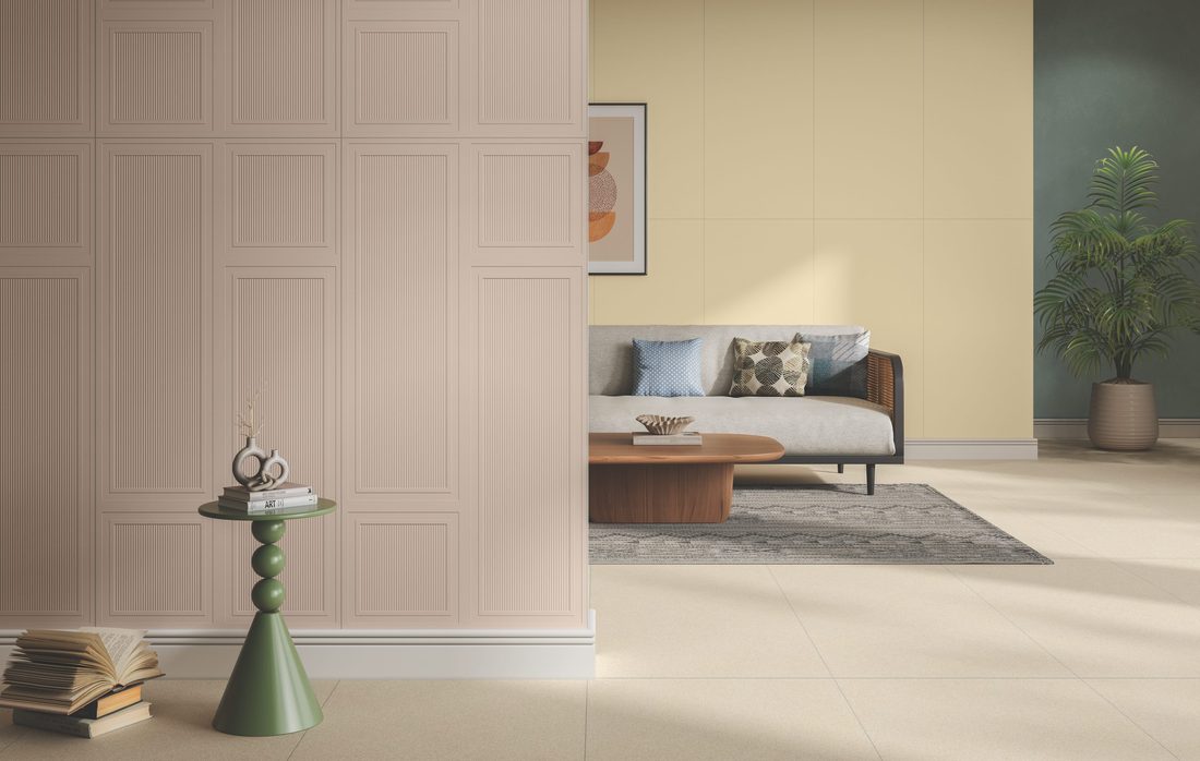 Open-plan living room finished in full-body porcelain wall tiles — IDC Mohali